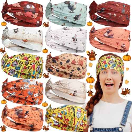 JaGely 12 Pcs Thanksgiving Headbands Bulk for Women Turkey Pumpkin Head Bands Fall Maple Leaves Hair Accessories Hairband Fall Elastic Non Slip Thanksgiving Hair Hairband for Autumn Festive Gift