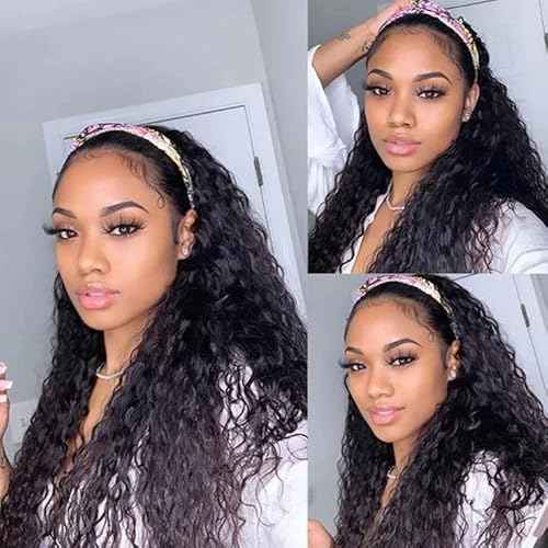 SENSAIRUITE Headband Wig Human Hair 24 Inch Deep Wave Headband Wigs for Black Women 180% Density Wear and Go Glueless Curly Wig Natural Color