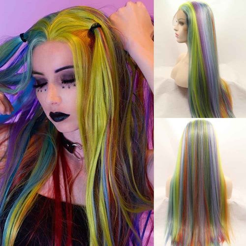 Angle Lucky Long Straight Rainbow Wig Synthetic Lace Front Wig for Women Multi-Colored Glueless Wig Heat Resistant Colorful Soft Wigs for Party Cosplay 24inch