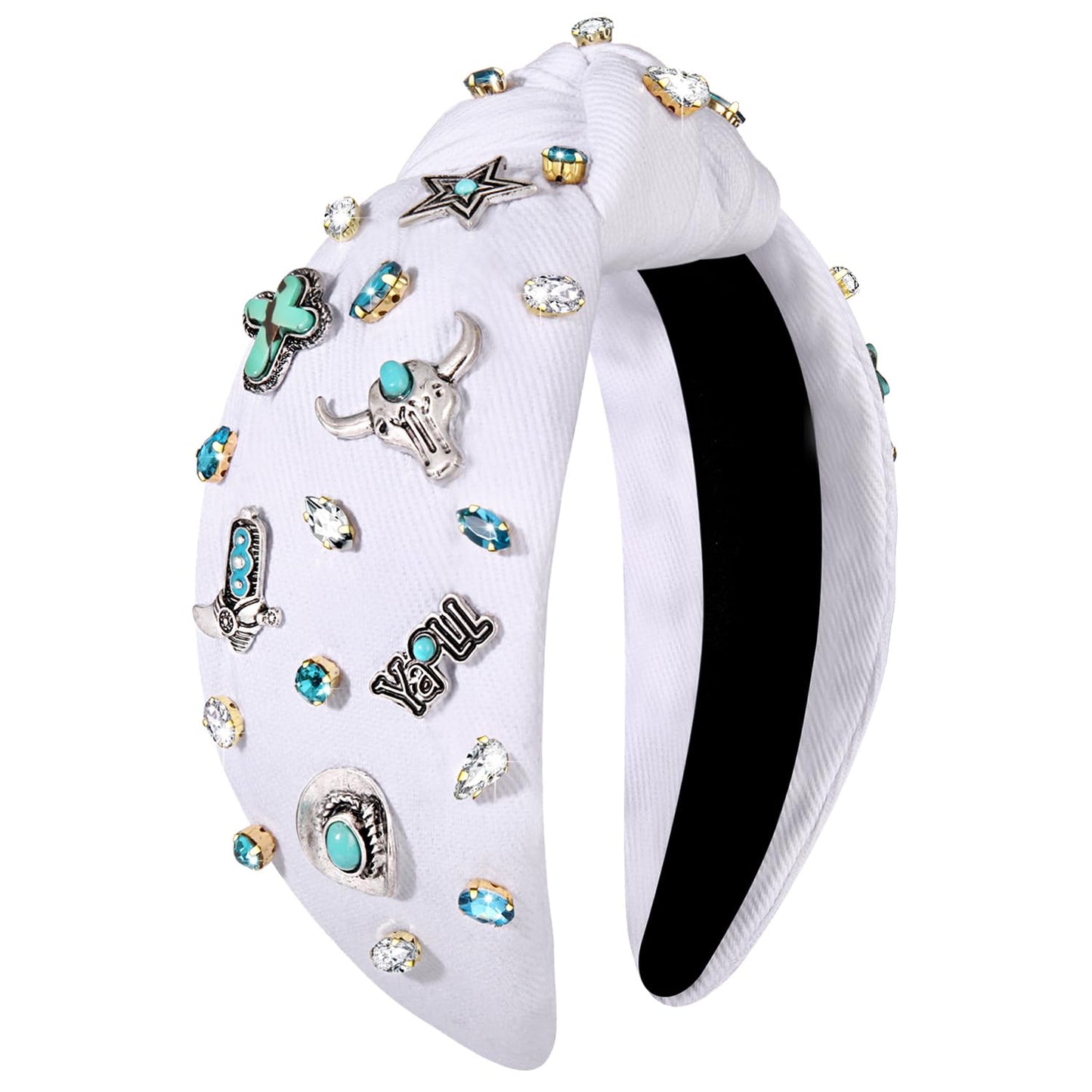 mokkia Western Headbands for Women Jeweled Rhinestone Crystal Knotted Headbands Wide Cowgirl Cowboy Boots Hats Hairbands Cowgirl Hair Accessories Spring Summer Headwear (White 4)