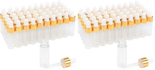 Empty Transparent Glass Bottles, 5ml Essential Oil Dropper Bottle, Makeup Sample Storage Containers With Gold Head, White Cap & 2 Straws, 50pcs (Pack of 2)