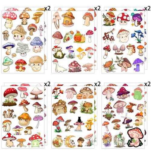 12 Sheets Mushroom Temporary Tattoos for Kids, Mushroom Birthday Party Supplies Decorations Cute Fake Tattoos Mushroom Party Favors for Boys Girls Children Goodie Bag Fillers Party Gifts Stickers