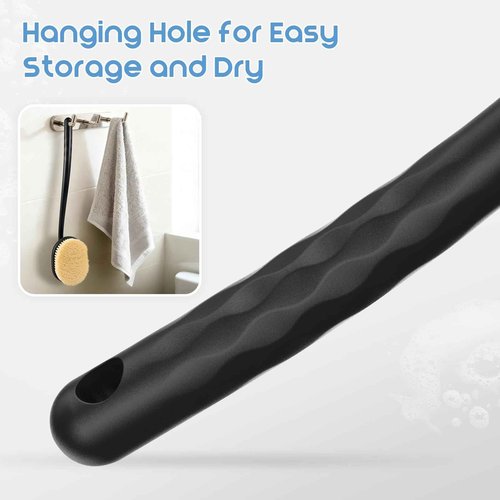 Flexible Up-Down Movement Back Scrubber for Shower for Men & Women, 3 Detachable Back Brush Heads Includes Silicone Body Scrubber, Sponge Bath Brush & Bristle Shower Brush, Wet/Dry Brush, Black
