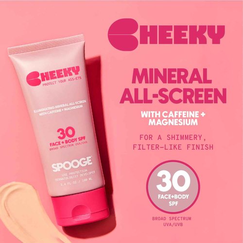 SPOOGE Cheeky Mineral All-Screen - SPF 30 Shimmer Body Sunscreen with Caffeine - Dermatologist Developed & Reef Safe Skincare with Glowy Finish for Beach & Festivals (3.4oz)