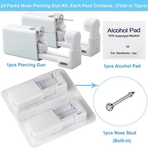 judero Nose Piercing Gun Kit 72Pcs Disposable Nose Piercing Kit Including 24Pcs Self Noe Piercing Gun with 24Pcs Built-in Nose Stud and 24Pcs Clean Tools for Nose Cartilage Tragus Helix Piercing Kit