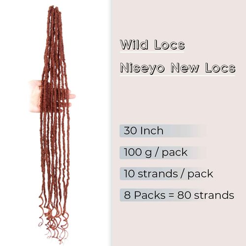 Niseyo Wild Locs 30 Inch Distressed New Faux Locs with Curly Ends 8 Packs Long Soft Pre-looped Goddess Crochet Hair (350#, Ginger Red)