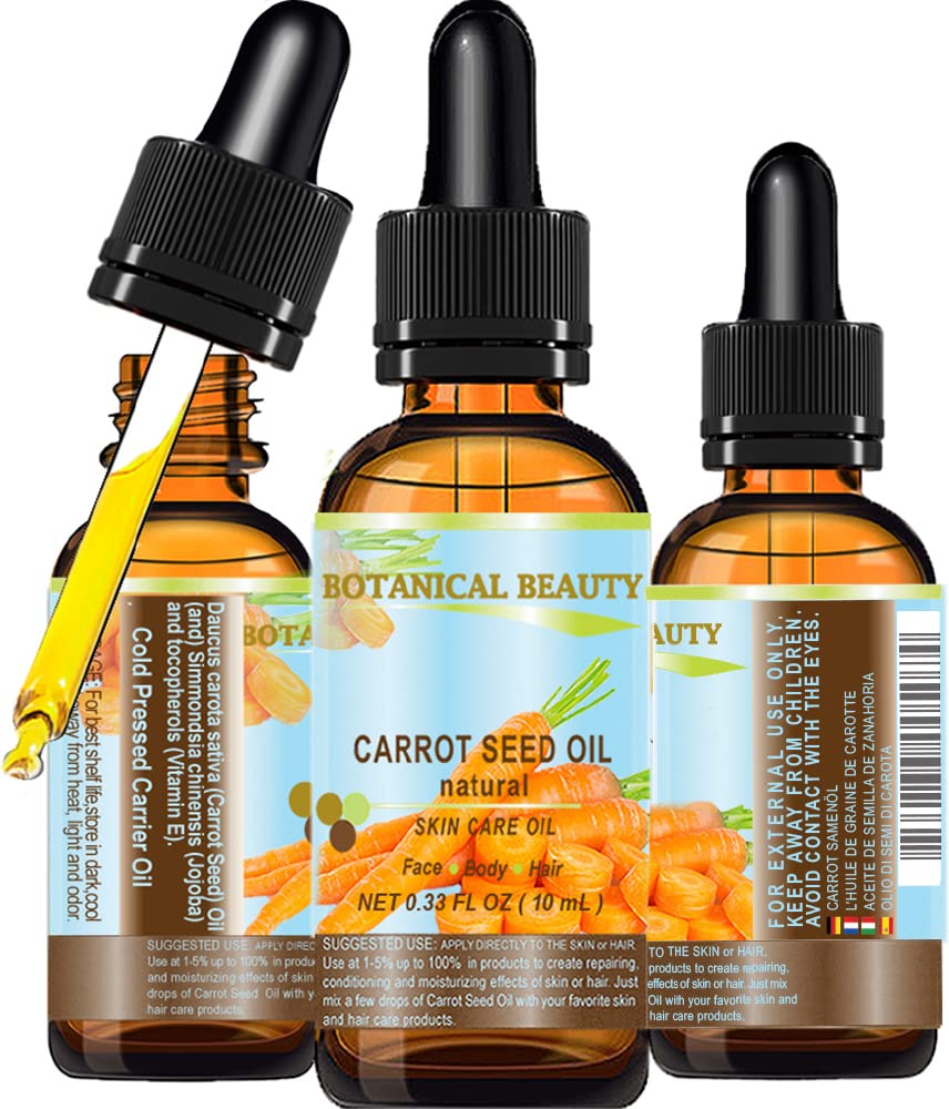 CARROT SEED OIL 100 % Natural Cold Pressed Carrier Oil. 0.33 Fl.oz.- 10 ml. Skin, Body, Hair and Lip Care. "One of the best oils to rejuvenate and regenerate skin tissues.” by Botanical Beauty