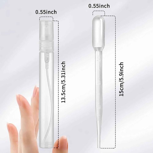uadbau Mini Spray Bottle, 5 Pcs 10ml Perfume Bottle Empty with 3 Pcs Transfer Pipettes, Fine Mist Refillable Perfume Atomizer, Small Empty Sample Containers, Plastic Portable Travel Bottle - Clear