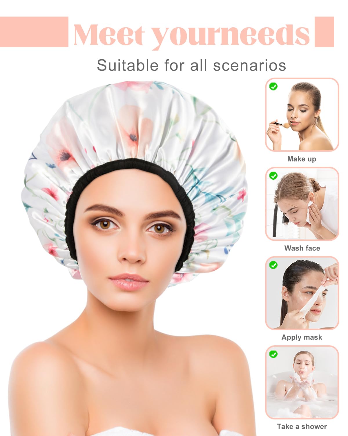 Auban Shower Cap, Terry Lined Shower Caps, Reusable Large Shower Cap for Women, Terry Cloth Lined Shower Cap for Long Thick Hair, 3 Layer Waterproof Hair Cap