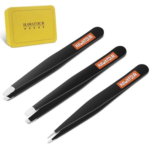 HAWATOUR Tweezers Set 3Pcs, Precision Stainless Steel Eyebrow Tweezers for Eyebrow Hair Facial Hair Removal, Splinter, Blackhead, Black