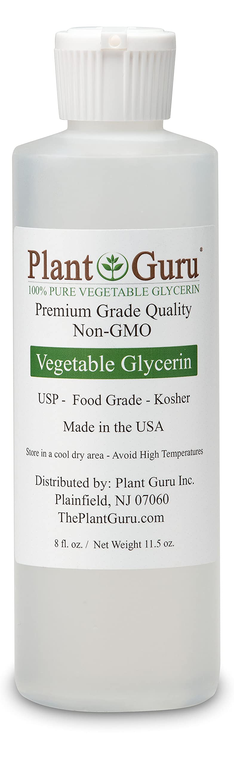 Plant Guru Vegetable Glycerine/Glycerin 8 oz. USP Food Grade Kosher - Great For Skin, Hair, Face, Body, Crafts And DIY Soap Making.