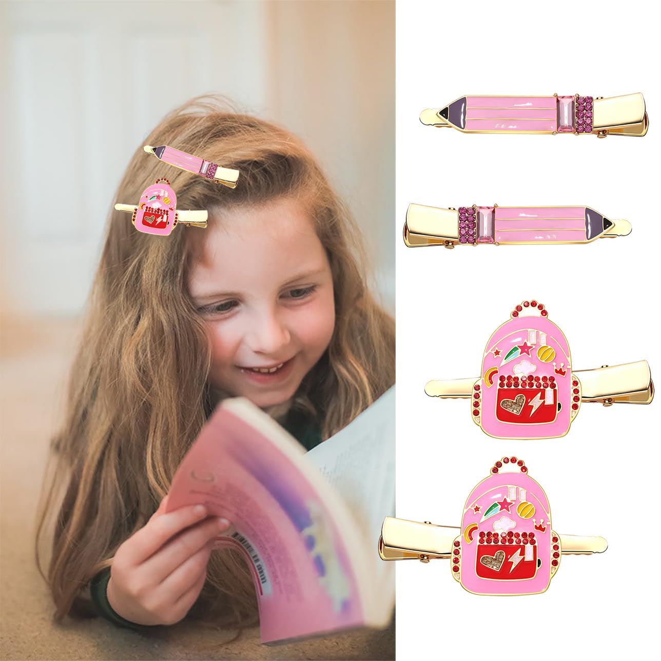 2Pairs Back to School Hair Clips,Cute Apple Hair Clips Back-to-school Themed School Bus Bag Pencil Hairpins for Teacher Appreciation Gifts (2Pairs-Pencil,Schoolbag)