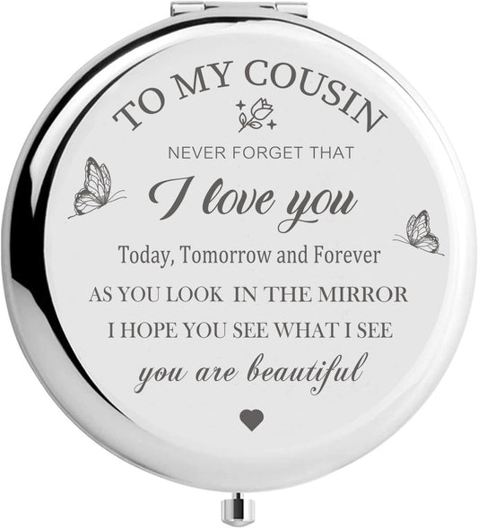 KGKAIMIZL Cousin Gifts for Women, Cousin Birthday Gifts,Sliver Compact Mirror for Cousin Sister Makeup Mirror Birthday Christmas Graduation Gifts for Cousin