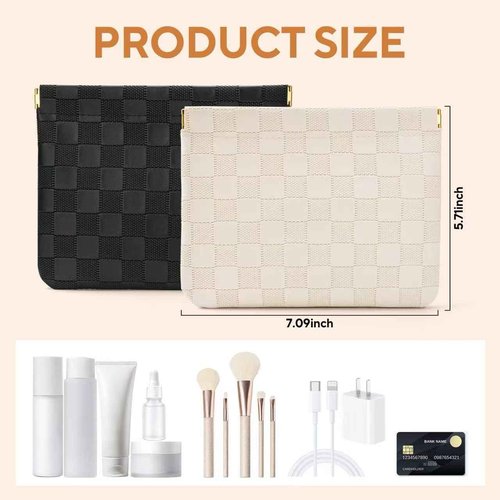 MZLUWM 2-Pack Small Waterproof Checkered Makeup Bag - Portable Leather Travel Toiletry Bag Organizer with Snap Closure, Aesthetic Travel Storage Pouches for Women's cosmetic bag for purse