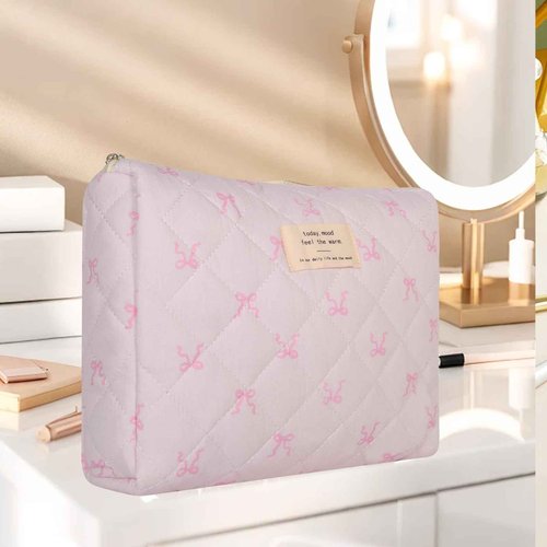 Large Quilted Makeup Bag, Floral Cotton Cosmetic Bag, Coquette Aesthetic Travel Toiletry Bags for Women Girls