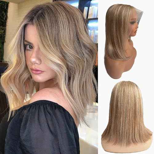 8T860 Brown Highlights Bob Wigs Human Hair for White Women Ombre #8 Brown to 60# Platinum Blonde 13x6 Straight Bob Lace Front Wig Human Hair 14 Inch Pre Plucked Pre Cut Wear and Go Glueless Wigs