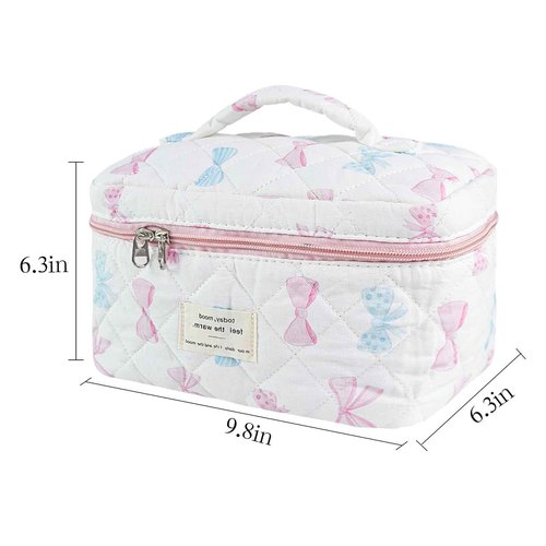 GISMTR Makeup Bag, Quilted Bow Cosmetic Bag, Large Travel Aesthetic Make up Bag, Cute Coquette Toiletry Pouch for Women Girls