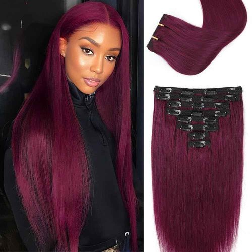 ShowJarlly Clip in Hair Extensions Real Human Hair 14 Inch Straight Clip Ins 8 Pcs Brazilian Remy Hair Extensions for Women #99J Burgundy