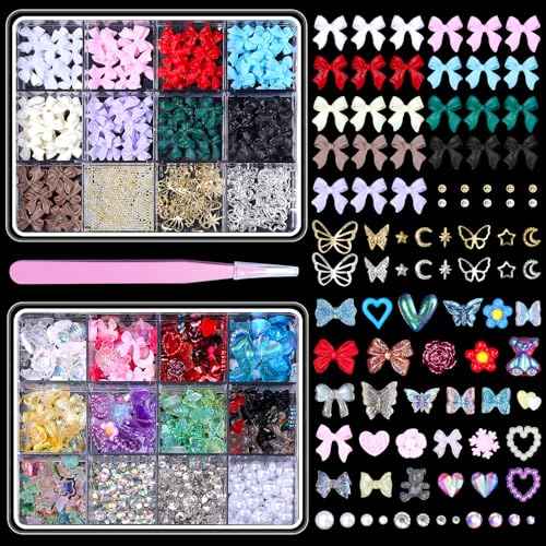 2 Boxes 3D Bow Nail Art, Carviar Beads for Nail Art, Assorted Flower Heart Butterfly Acrylic Bows Nails Charms with Pearls Gems Bead for Nail Design DIY Y2K Supplies