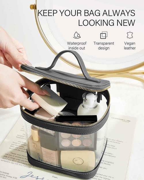 ROWNYEON Large CLear Travel Makeup Bag for Women，Transparent Cosmetic Bag with Handle，Portable Makeup Case Organizer，Waterproof Toiletry Organizer Train Case, Black