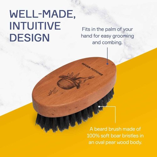 Seven Potions Beard Brush For Men - Pear Wood Handle with Soft Second-Cut Boar Bristles - Soft Bristles To Tame and Soften Your Facial Hair