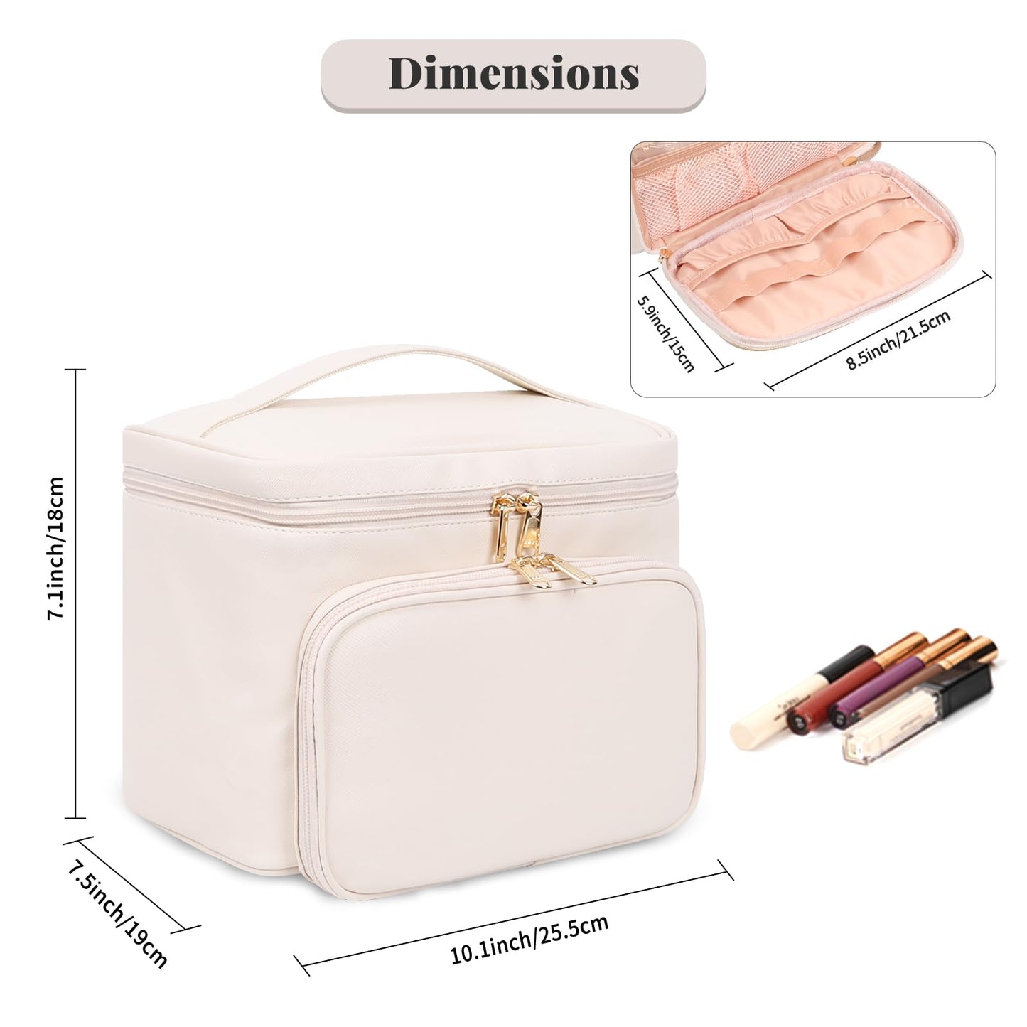 Large Makeup Bag, Portable Travel Makeup Bag for Women Girls with Makeup Brush Compartment, Stylish Makeup Bag Organizer Cosmetic Case With Handle and Divider - Beige