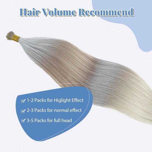 Silver I Tip Hair Extensions - Human Hair Pre-Bonded Cold Fusion Stick Tip Real Remy Hair Piece for Women - Invisible Keratin Microlink Extensions 16 Inch 100 Strands 50G