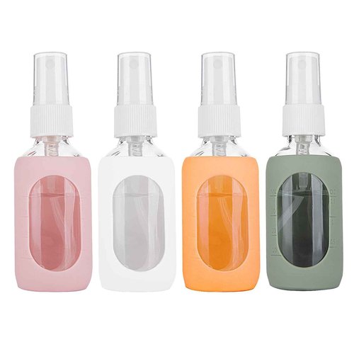 HOMBYS Empty Clear Glass 2oz Small Spray Bottles with Silicone Sleeve Protection - Refillable Containers for Travel, Cleaning Solutions, Essential Oils, Sanitizers - Fine Mist Spray - 4 Pack-Clear