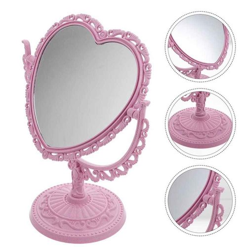 AKOAK Heart-Shaped Cosmetic Mirror - Plastic, Double-Sided, Rotatable, Lightweight - Bathroom & Bedroom Mirror (Pink)