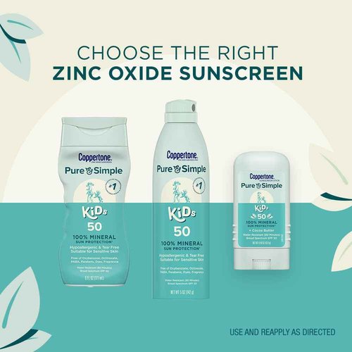 Coppertone Pure and Simple Kids Sunscreen Spray SPF 50, Zinc Oxide Mineral Sunscreen for Sensitive Skin, Hypoallergenic and Tear Free, 5 Oz Can, Pack of 3