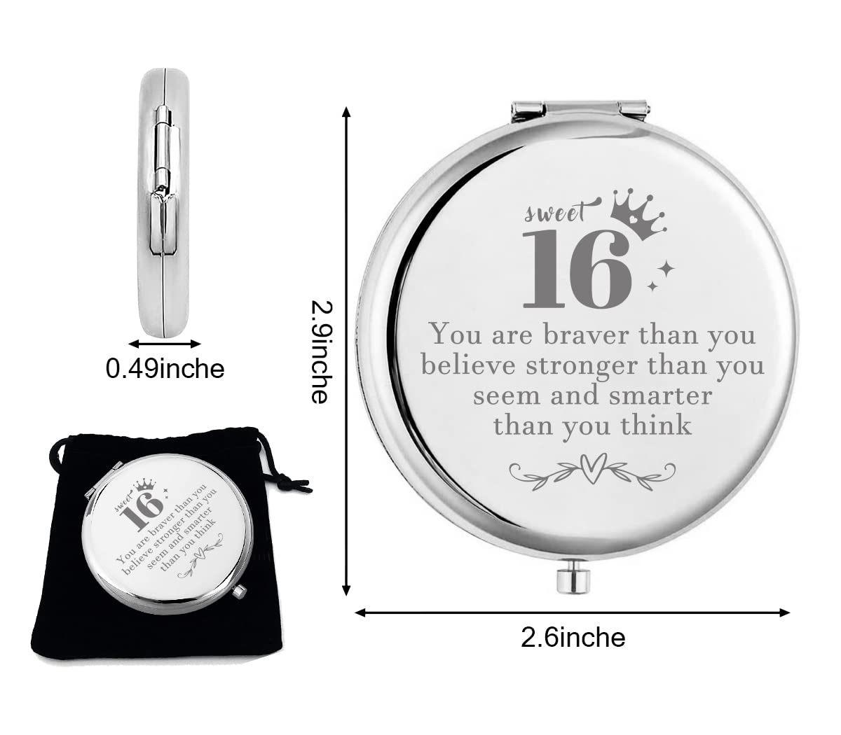 Kukeyiee Cute Sliver Engraved Travel Pocket Cosmetic Makeup Mirror, Sweet 16th Birthday Compact Makeup Mirror Gifts for Girls Sister Daughter Birthday Graduation Christmas…