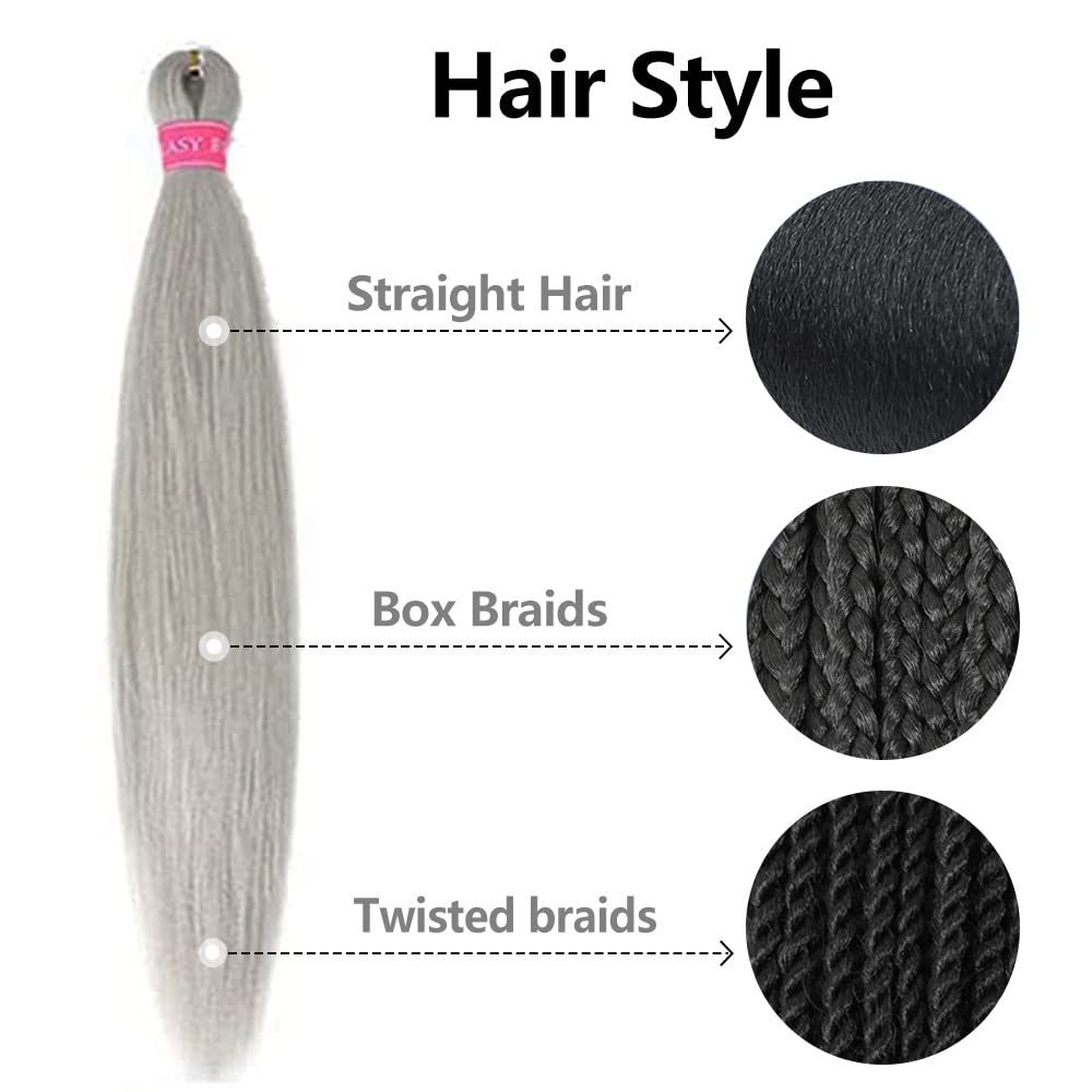 ZERAL Pre Stretched Braiding Hair 6 Packs 28 Inch Long Braiding Hair Professional Synthetic Braiding Crochet Twist Braids Yaki Straight Texture Hair Hot Water Setting (Silver)