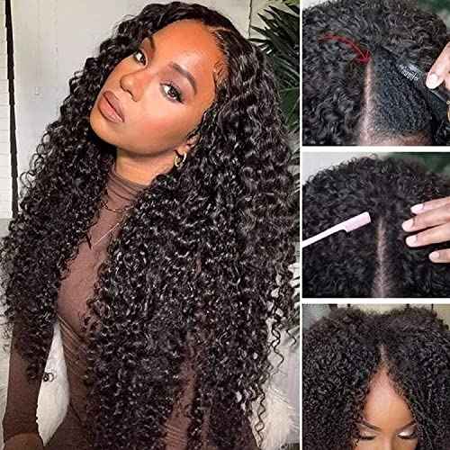 Curly V Part Wig Human Hair Brazilian Virgin Human Hair Wigs for Black Women Upgrade U Part Wigs Glueless Full Head Clip In Half Wig No Leave Out 180% Density Natural Black 20 Inch