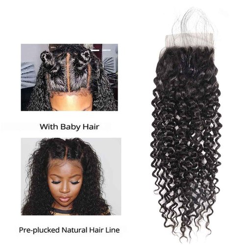 Brazilian Kinky Curly 4x4 Lace Closure 100% Unprocessed Human Virgin Hair Pre Plucked Jerry Curly Pre-Plucked Hairline Frontal Closure Natural Black With Baby Hair (14inch, curly closure)