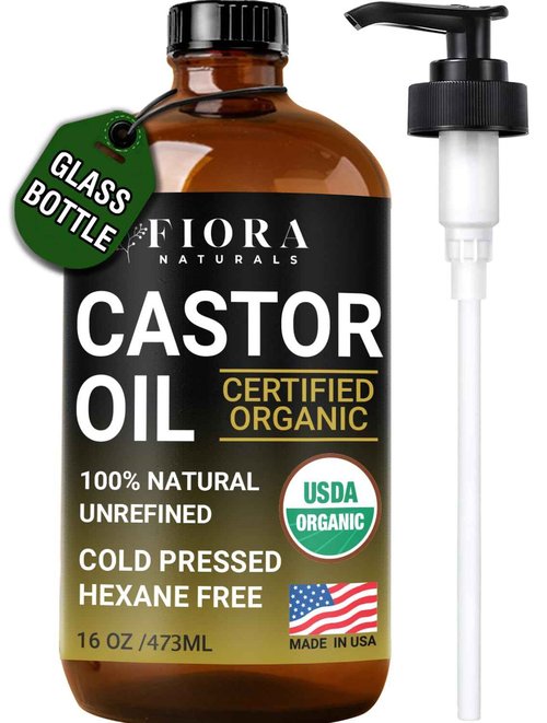Organic Castor Oil in Glass Bottle – 16 Oz Cold Pressed & Hexane-Free – USDA Certified – Hair Growth Oil For Lashes, Brows, Skin & Scalp – with Pump