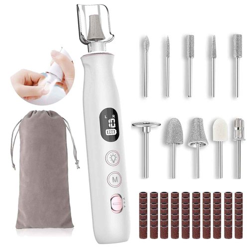 Nail Drill Electric File: 10000RPM Powerful Nail Drill with LCD & Lamp, Cordless Thick Nail Grind Filer for Acrylic Gel Natural Nails Toenails, Manicure & Pedicure for Home Salon (Snow White)