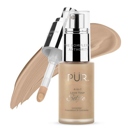 PÜR MINERALS 4-in-1 Love Your Selfie Longwear Foundation & Concealer, Full Coverage Liquid Foundation, Hydrating Formula, Cruelty Free