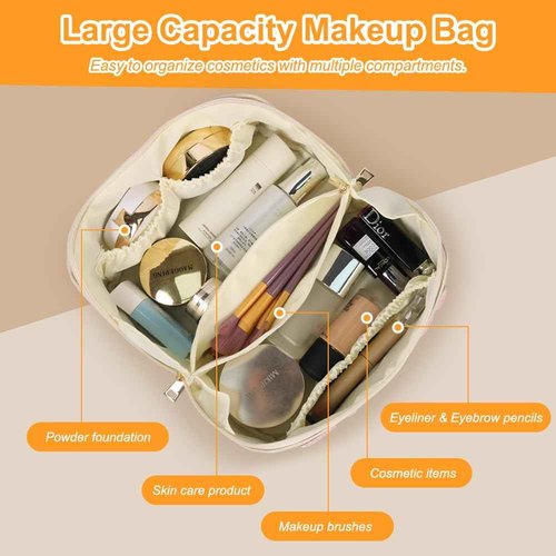 JOINDO Large Capacity Skincare Bag, Chenille Letter Preppy Makeup Bag, PU Leather Large Capacity Travel Cosmetic Bag with Divider and Handle, Gift for Women