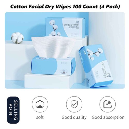 Cotton Facial Dry Wipes 100 Count, Deeply Cleansing Disposable Face Towel Wash Cloth, Multi-Purpose for Skin Care, Make-up Wipes, Face Wipes and Facial Cleansing (6 Pack)
