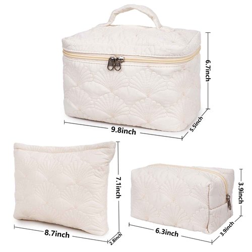 Sarrany White Quilted Makeup Bag, Cute Make Up Bag Organizer whith Shell Pattern, Cotton Cosmetic Bag for Women & Girls, Canvas Lined Pouch, Coquette Organizer purse(White Shell set of 3)