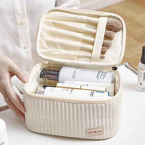 Linpr 3 Pcs Makeup Bag Set, Portable Waterproof PU Striped Leather Toiletry Bags, Cute Travel Cosmetic Organizer for Women and Girls (White)