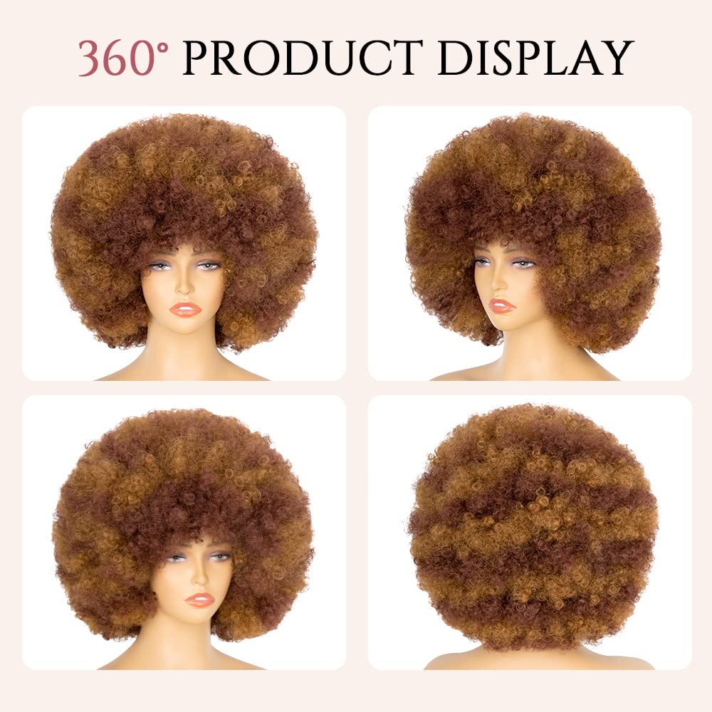 70's Afro Wig for Women, Mixed Brown Short Afro Kinky Curly Wig, Glueless Synthetic Wig with Bangs, Puffy & Fluffy Bouncy Afro Wig for Daily Cosplay Party