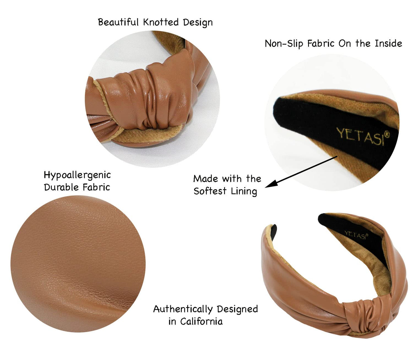 YETASI Headbands for Women Brown Knotted Headband is a Fashion Head band. Faux Leather Knot Headbands are Top Knot Womens Headbands Designer