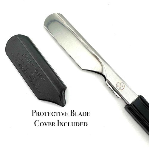 Parker Director Chrome Non-Folding Straight Barber Razor – Japanese-Style Shavette with Stainless Steel Arm, Ergonomic Black Handle & Blade Protector Cap – Ideal for Professionals - 5 Blades Included