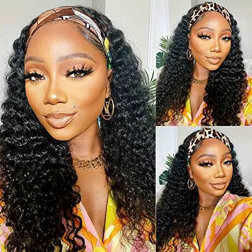Headband Wig Human Hair Wigs 18-Inch Curly Deep Wave Headband Wig Wear and Go Glueless Wig Natural Color
