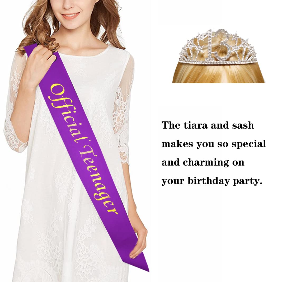 Happy 13th Birthday Tiara and Sash Gifts Crystal Rhinestone Princess Crown Birthday Girl Party Favor Supplies Silver Crowns Purple Sash