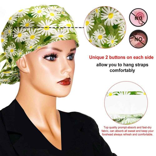Scrub Cap with Buttons - Cotton Cap with Sweatband, Adjustable Ponytail Working Cap, Tie Back Hats for Women, Green Chrysanthemum, One Size
