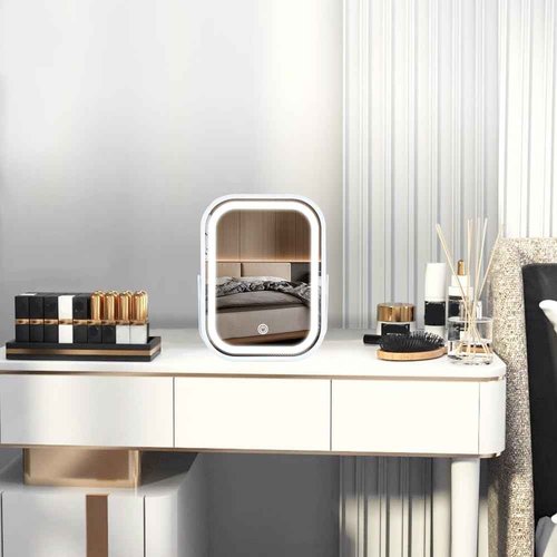 Leadzones Rechargeable Desk Vanity Makeup Mirror with Lights,8x6 Inch Folding Portable Mirror with Metal Stand Adjustable Rotation,Tavel Make Up Mirror for Table