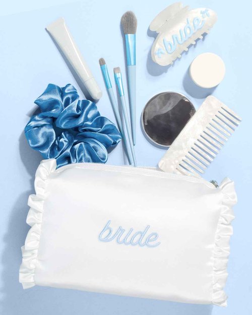 xo, Fetti White Satin Bride Cosmetic Bag | Bachelorette Party Decorations, Bride To Be Purse, Bridal Shower Accessory, GRWM Makeup Bag