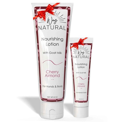Way Natural Nourishing Goat Milk Lotion, Cherry Almond - Home & Away Set, Natural Hand & Body Cherry Almond Lotion for Dry Skin - Goat Milk Hand Cream for Women & Men - 8oz & 2oz Travel Size Tube